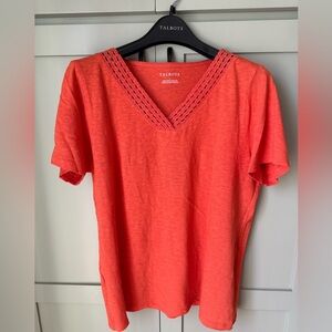 NWOT TALBOTS Coral Orange Tee w Crochet-Like Detail at V-Neck, SZ L